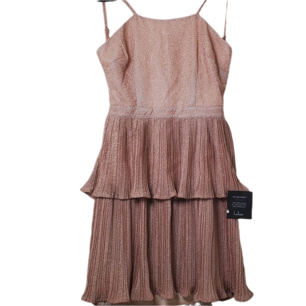 Lulus Backless Rose Gold Glitter Party Dress Rose Pleated Tiered Size M NWT 1487